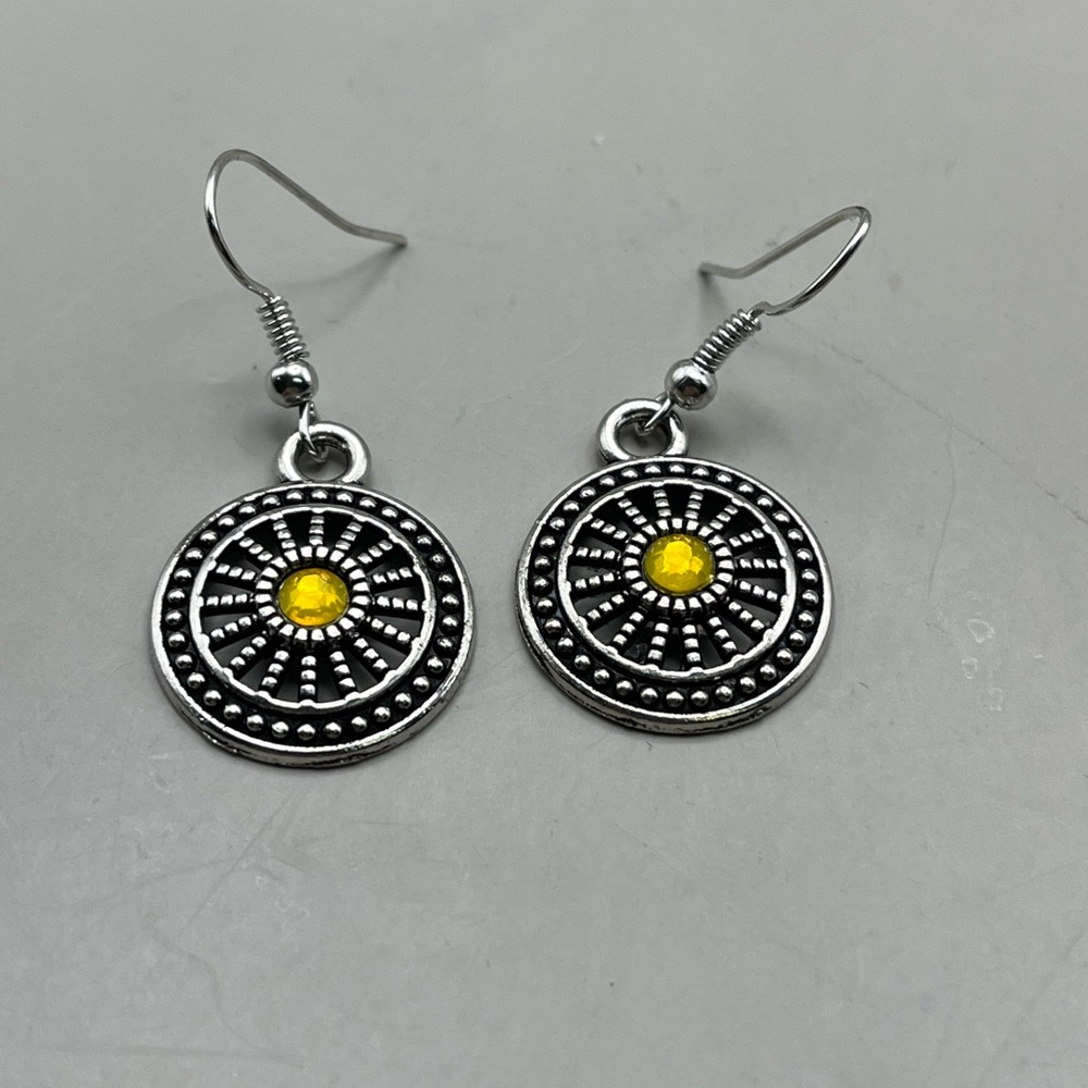 Silver and Yellow Sunburst Dangle Earrings-Elegant Everyday Statement